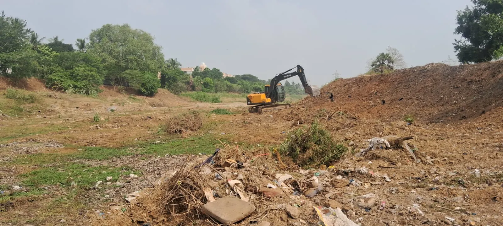 Wide view of the cleared lake bed with the excavator in the distance